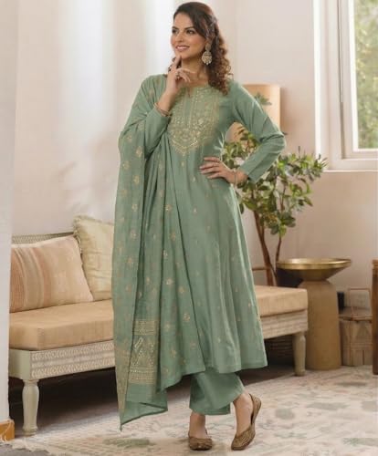 Image of ANNI Designer Women's Viscose Straight Printed Embroidery Kurta with Pant & Dupatta | Long Sleeve Ethnic Kurta Set for Women | Casual Office, Daily, Party Outfits