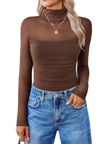 Lrady Women's Sexy High Neck Long Sleeve Tops Sheer Mesh Ruched Tshirt Going Out Shirts Blouse Date Night Outfits