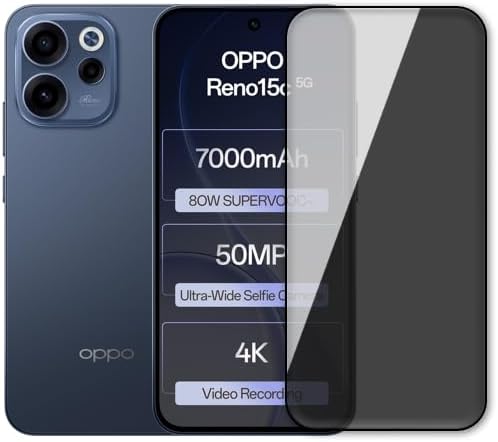 Privacy Tempered Glass Full Glue Screen Protector Compatible with Reno 15 C -Privacy Glass (Fingarprint Sensor Not Working)