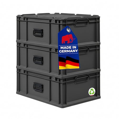 PROREGAL SuperSparSet 3x Eurobox NextGen Portable Made in Germany | HxBxT 23,5x40x60cm | 44 Liter | Schwarz | Eurobehälter, Transportbox, Transportbehälter, Stapelbehälter