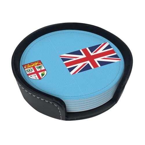 Lot de 6 sous-verres en cuir antidérapants et imperméables avec motif drapeau des Fidji pour la décoration de la maison, du bureau et du bar
