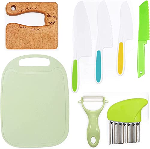 TOFFCAEA Lot de 8 Couteaux de Cuisine pour Enfants, Couteau De Cuisine Kids en Plastique, Avec Couteau en Bois, Planche à Découper, Pour Couper et Cuisiner des Fruits ou des Légumes Cover