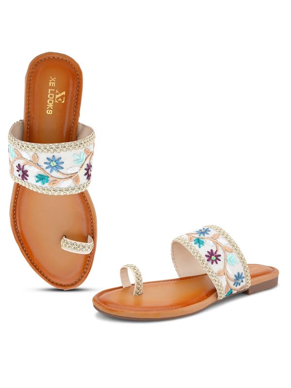 XE Looks Womens Cream One Toe Ethnic Slip-On Flat Slippers Embellished & Traditional Footwear For Women & Girls (B0D5CN669Z) Amazon Price History, Amazon Price Tracker