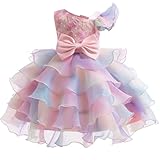Lamgool Toddler Girls Formal Dress Pageant Rainbow Pink Princess Ruffle Flower Elegant Tutu Ball Gown for Easter Spring 3-4T