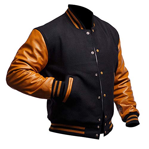 Image of Mens Letterman Black Varsity Jacket - Black School Teen College Bomber Jacket