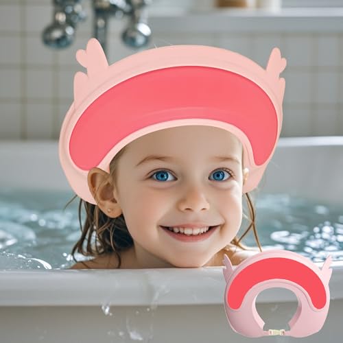 Image of Thcbme Baby Shower Cap Shield, 2024 New Shower Cap for Kids, Visor Hat for Eye and Ear Protection for 0-9 Years Old Children,Cute Fawn/kitten shape Makes the Baby Bath More Fun (Pink Fawn)