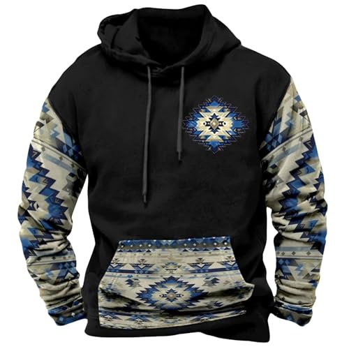 Mens Aztec Hoodies Western Hooded Sweatshirts Fall Winter Long Sleeve Drawstring Cowboy Pullover Top with Pockets