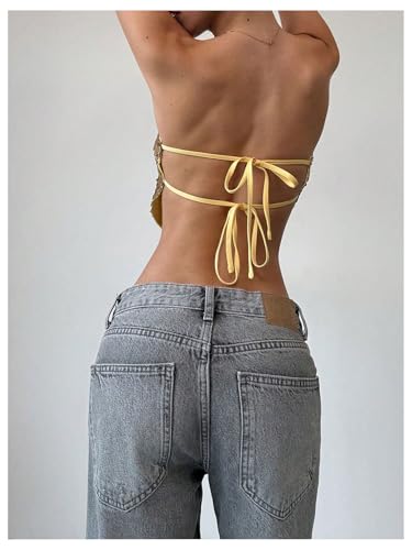 MakeMeChic Women's Sequin Sparkly Tie Backless Tube Crop Tops Strapless Bandeau Top Clubwear2