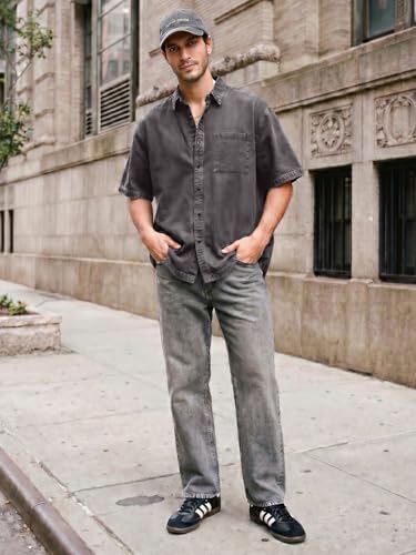 Image of Urbano Fashion Men's Oversized Fit Half Sleeve Washed Casual Denim Shirt