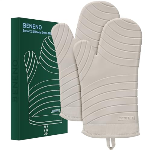 Beneno Premium Silicone Oven Mitts 2-Pack Heat Resistant 500°F, Soft Flexible Non-Slip Grips, BPA-Free & Waterproof Oven Mitts with Comfort Cotton Lining for Baking, Grilling, Cooking, 7″x13″, Beige