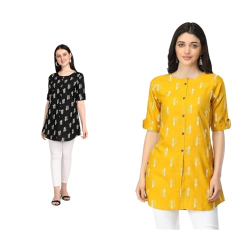 Image of Leriya Fashion Rayon Fabric Printed Round Neck Short Kurtis for Women Top Dresses Kurti for Girls & Ladies Kurtis (Pack of 2)