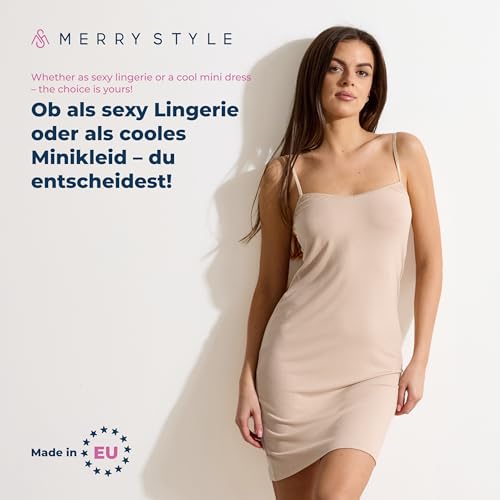 Merry Style Damen Unterkleid kurz Petticoat Knielänge einstellbare Träger MS10-203(Beige, S)