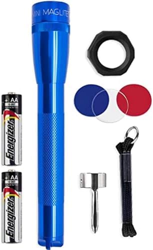 MagLite Mini MAG 2 AA LED Flashlight – 127 Lumens Compact Flashlight with Adjustable Beam, High/Low Modes, IPX4 Water-Resistant, Shock-Resistant Design, Alkaline Batteries Included (Combo Pack, Blue)