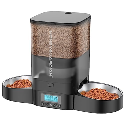 HoneyGuaridan 3.5L Automatic Cat Feeder for Two Cats, Cat Food Dispenser with Stainless Steel Bowl,Timed Cat Feeder Programmable 1-6 Meals Control, Dual Power Supply,10s Meal Call Black