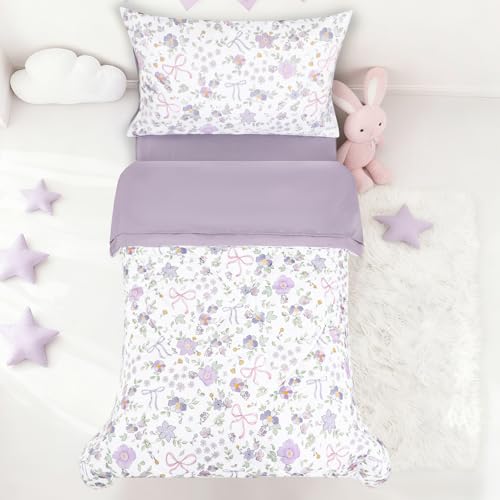 Image of SWESEN Toddler Bedding Set for Girls, Purple Floral Toddler Girls Bedding Set, Soft & Lightweight 4 Piece Toddler Comforter Sets Include Comforter, Flat Sheet, Fitted Sheet, Pillowcase