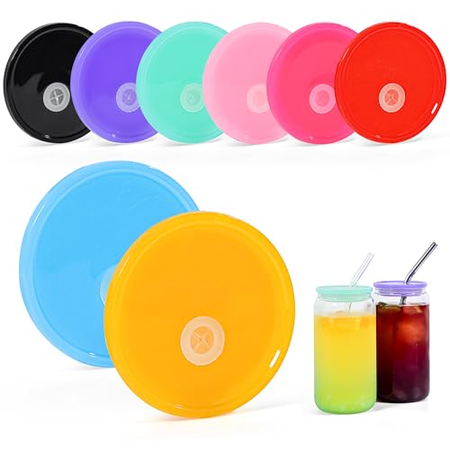 FECBK 8 Pcs Acrylic Lids for 16 oz Glass Cups Plastic Tumbler Replacement Lids Spill Proof Reusable Glass Cup Lid for Beer Can Iced Coffee Cups Drinking Glasses - Multi-Colored