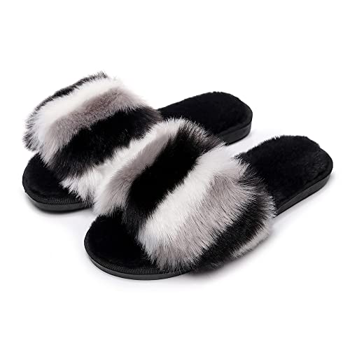 FAYUEKEY Furry Slippers for Women Rainbow Sexy Fuzzy Slippers Memory Foam Fluffy Open Toe Indoor Outdoor Shoes