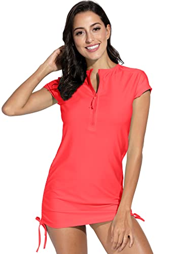 Besserbay Womens Surfing Suit Zipper Rash Guard For Womens Uv Sun Protection Ruched Swim Top Xl Coral #TOP3