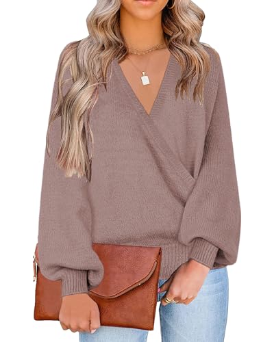 Image of LookbookStore Women's Knit Long Sleeve Faux Wrap Surplice V Neck Sweater Top
