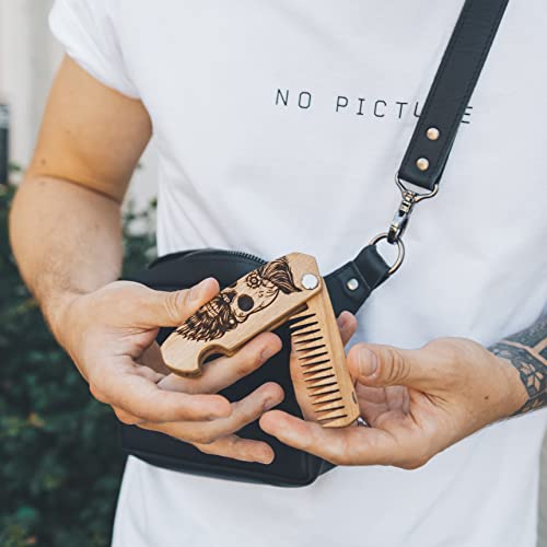 Wooden Beard Comb For Men Folding Pocket Comb For Moustache Beard & Hair Walnut Combs With The Engraving (Half Skull) #TOP5