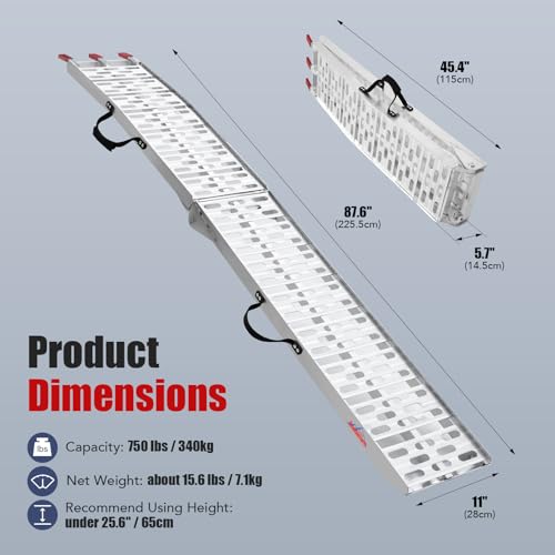 Ruedamann 7.5FT Aluminum Loading Ramps, Foldable Motorcycle Ramp, 750 Lbs Capacity, 11" Wide Lightweight Ramp for Scooters, Dirt Bikes, E-Bikes, 1PC