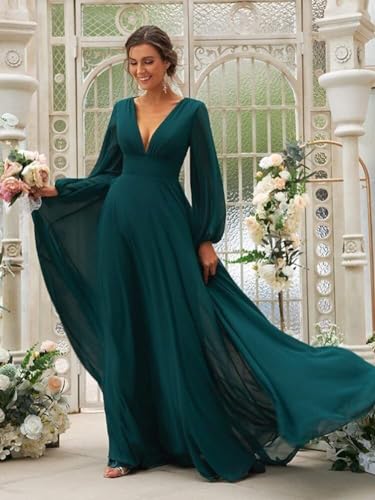 IIF Chiffon Long Sleeve Bridesmaid Dresses for Women Double V Neck A-line Prom Dress with Slit IIF0324