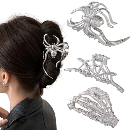 Hair Claw Clips for Women Girls, 3PCS Skeleton Hand Spider Web and Large Spider Punk Metal Alloy Hair Accessories Decorations for Thick Hair Styling