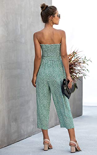 Angashion Women’s Jumpsuit-Casual Off Shoulder Sleeveless Ruffle Button Belt Wide Leg Jumpsuits Rompers Summer Green L #TOP5