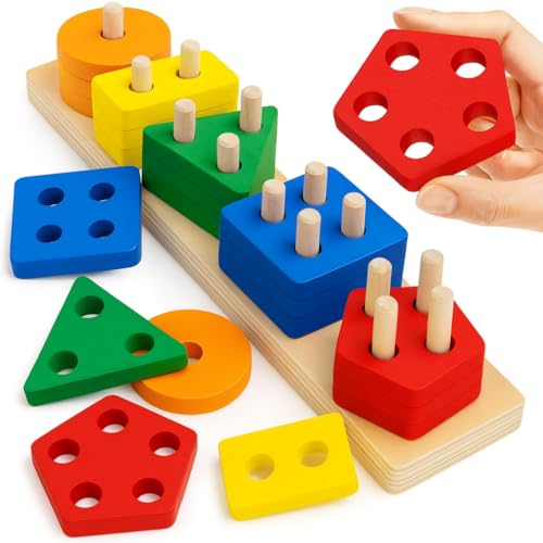 Image of Fun4You Wooden Shape Sorter Toys for Kids 2-4 Years | Montessori Peg Board Blocks Game with Geometric Shapes, Stacking & Counting Puzzle, Educational Wooden Toy, Birthday Gift for 2 Year Boy & Girl