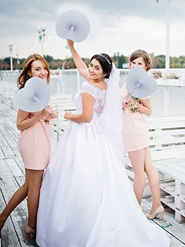 Cosweet 50 Pack White Folding Fans- Round And Heart Shaped Handheld Folding Accordion Paper Fans Assortment With Plastic Handle For Wedding Birthday Celebration Party Favors Bag Filler (2 Styles) #TOP2