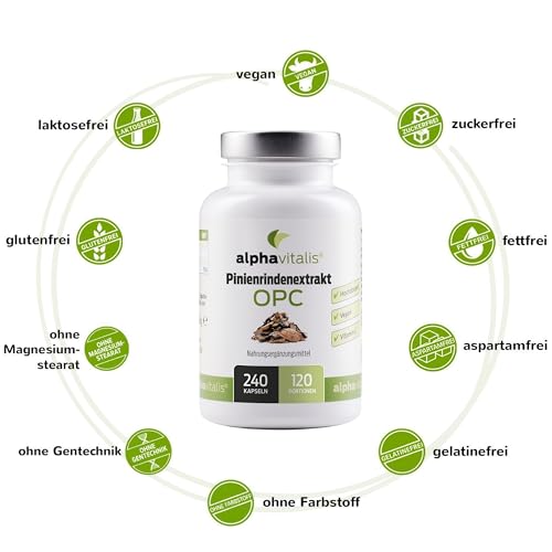 Pinienrindenextrakt Kapseln hochdosiert mit 32% OPC + natürliches Vitamin C - 240 Stk. - 500mg veganer Kiefernrindenextrakt - laborgeprüft aus Pinus pinaster