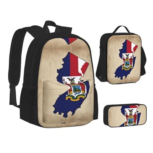 New Jersey Flag Map02 Print 3 Piece Set Backpack, Lunch Bag, Pencil Case, Cute Sturdy For College And Travel2