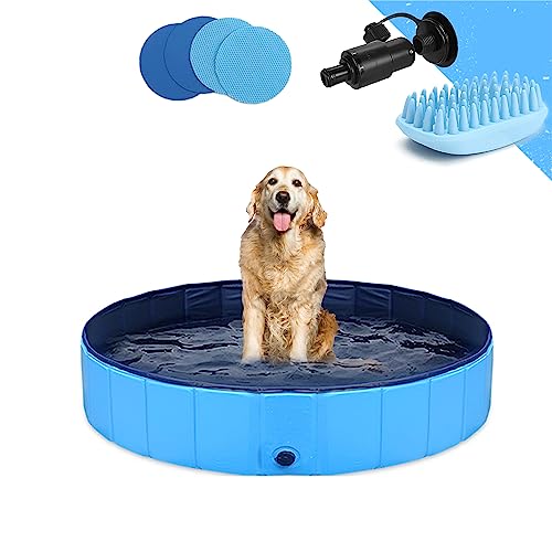 GoStock Piscina para perros plegable Mascota Piscina portátil Bañera para niños Gran mascota Perro Gato PVC antideslizante para interiores/ exteriores (cepillo de baño adicional para mascotas)100x30CM