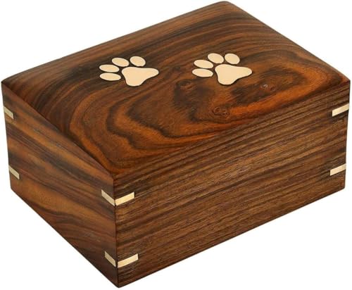 Bhartiya Handicrafts Wooden Urn for Dog Ashes, Solid Rosewood Brass Paws Inlaid Cremation Urns for Dogs, Pet Urn for Cats, Handmade Keepsake Memorial Urn for Pet Ashes (Medium-95 LB)