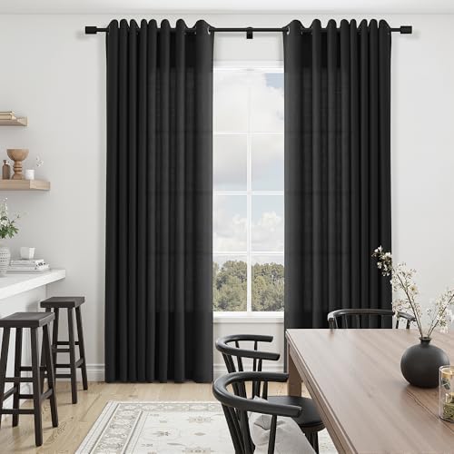 Image of Black Linen Curtains 96 inches Long for Living Room Grommet Semi Sheer Light Reducing Curtain Drapes 2 Panel Set Airy Lightweight Privacy Textured Window Treatments Panel for Bedroom 8Ft Tall 52x96