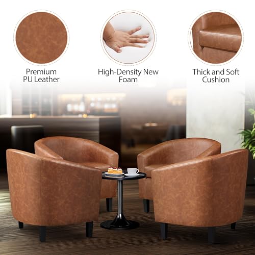 Yaheetech Brown Accent Chairs Set of 2, Faux Leather Barrel Chairs, Comfy Modern Leather Club Armchairs with Soft Seat for Living Room Bedroom Reading Waiting Room - Image 6