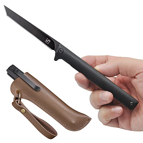UNIQTINT Stainless Steel Handle Slim EDC Folding Knife, 3.6oz Black Gentlemen's Pocket Flipper Knife with 5CR13 Steel 3.5” Blade with Liner Lock Pocket Clip (FK002B)