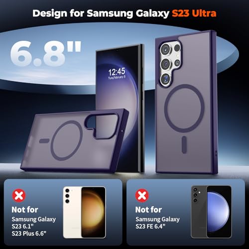 Image of SUPFINE Magnetic for Samsung Galaxy S23 Ultra Case with Screen Protector, (Built-in Magnets) (Military Grade Drop Protection) Slim Translucent Shockproof Phone Case,Dark Purple
