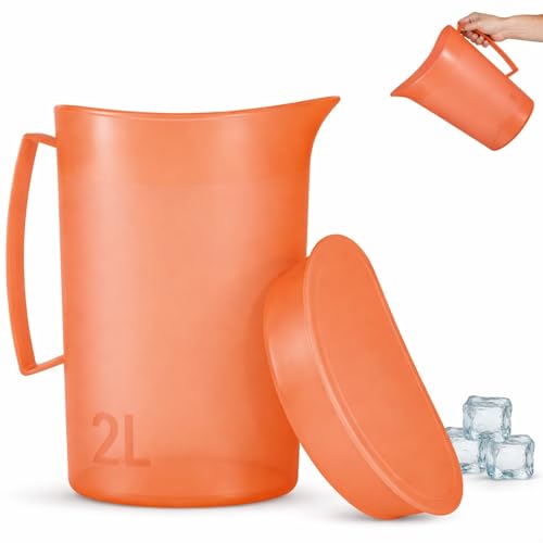 Brocca dell'acqua in plastica premium 2 l, senza BPA, multifunzionale per celebrazioni e attività all'aperto, caraffa d'acqua in plastica, colore arancione traslucido
