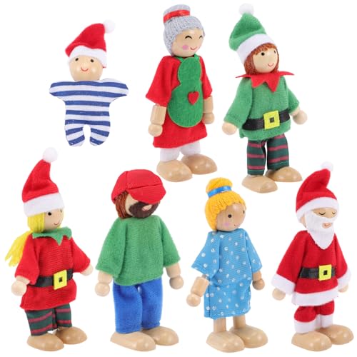 TOYANDONA Juego de Muñecas Familiares de Madera 7 Figuras Articuladas para Casa de Muñecas de Simulación Navideñas Juguete Educativo para Set Familiar para Juegos de Roles