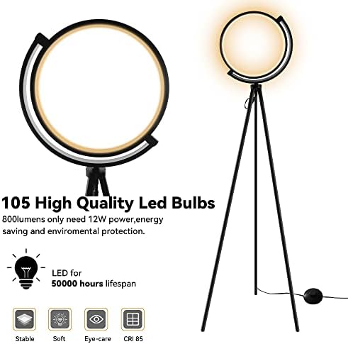 KAREEME Black Floor Lamp Vintage Standing Lamps Warm Tall Led Lamps Industrial Retro 3000K Warm White 105Leds Modern Tripod Lights for Living Room, Bedroom, Bedside, Home, Office(12W,800LM)