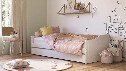 Inter Link- Funktionsbett - Kinderbett - Einzelbett - Sofabett - mit Stauraum - Bettschublade - mit Schublade - inklusive Lattenrost - Kiefer Massivholz - Weiß lackiert - Leonie 23-90 x 190 cm