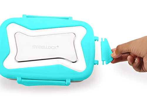 Image of STEELLOCK Smart Stainless Steel Tiffin Lunch Box for Kids and Adults | Airtight & Leakproof | Rectangle Tiffin Box for School & Office with Steel Lid | Turquoise 550ml - 2pc