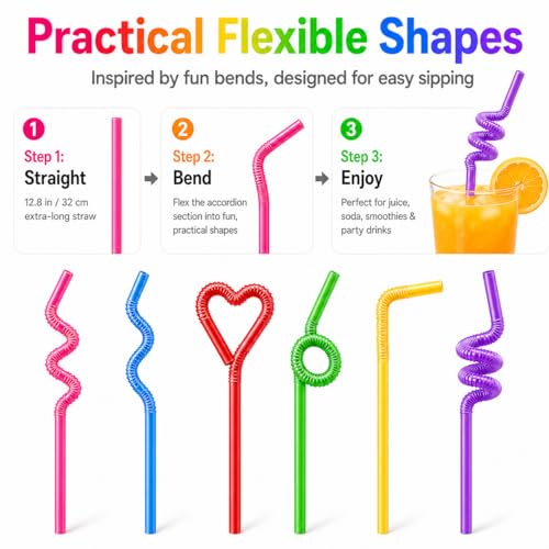 100 pitillos flexibles de plástico coloridos, 12.8 pulgadas miniatura 5
