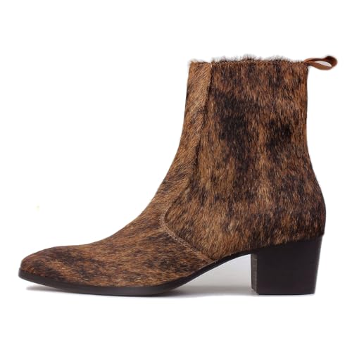 OSSTONE Men Chelsea Ankle Boots Leather Pony Hair Chukka Boots with Side Zipper Heel Dress Boots OS-JY021-D-R Wild Brown2