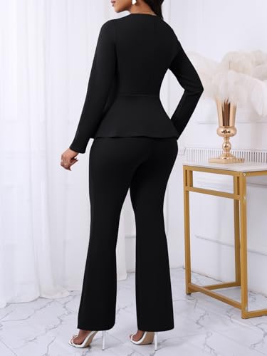 Ekaliy Women's 2 Piece Pants Suit Long Sleeve Blazer Flare Pant Set Casual Office Work Outfits4