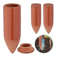 Relaxdays Tonkegel Bewässerung, 3er Set, 330ml, Gießhilfe Zimmerpflanzen, Balkonkästen, Gießkegel mit Deckel, terrakotta