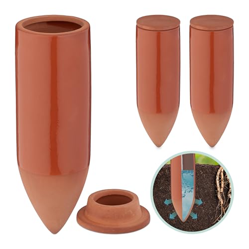 Relaxdays Tonkegel Bewässerung, 3er Set, 330ml, Gießhilfe Zimmerpflanzen, Balkonkästen, Gießkegel mit Deckel, terrakotta