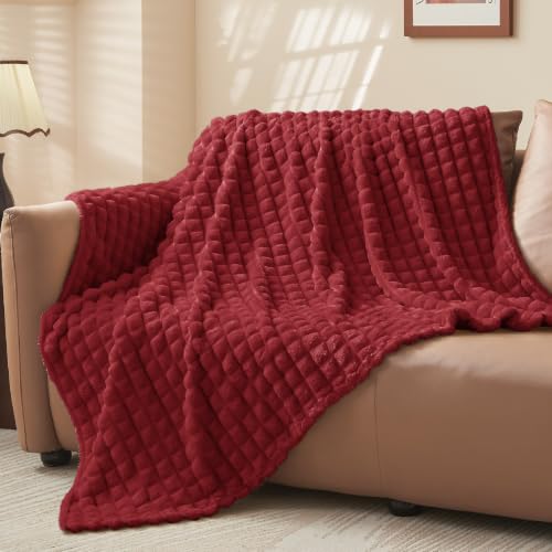 Image of BEDELITE 3D Checked Burgundy Fleece Throw Blanket for Couch, 50x60 Inches