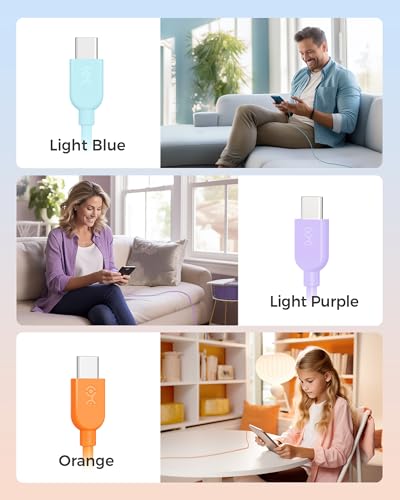 Image of Cable Matters 3-Pack Extreme Flexible USB A to USB C Cable 6ft with 3A Fast Charging (USB to USB C Charging Cable) in Orange, Blue, and Purple, for iPhone 15 /15 Pro /15 Plus /15 Pro Max, Galaxy S23